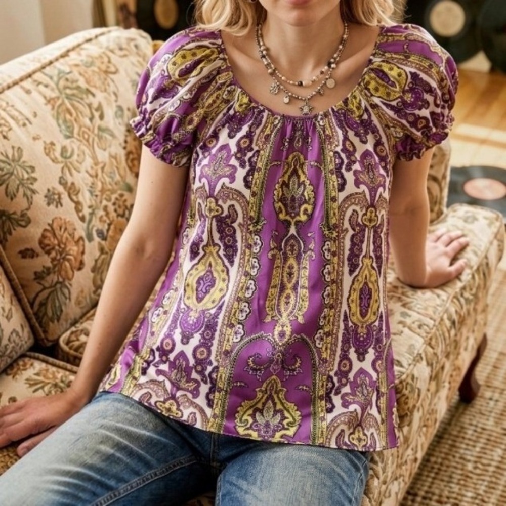 Ellavie Womens 100% Silk Paisley Print Puff Sleeve Blouse Purple Small 4